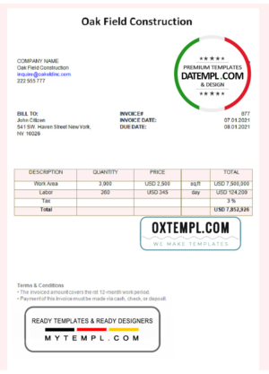 editable template, USA Oak Field Construction invoice template in Word and PDF format, fully editable
