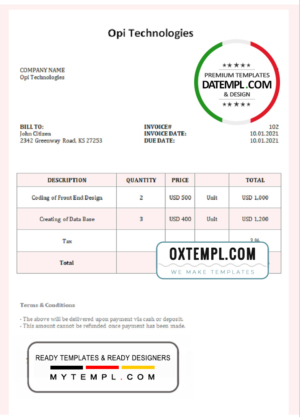 editable template, USA Opi Technologies invoice template in Word and PDF format, fully editable