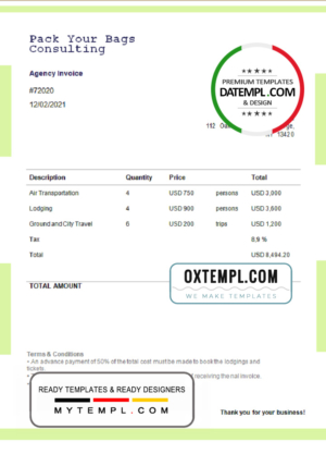editable template, USA Pack Your Bags Consulting invoice template in Word and PDF format, fully editable