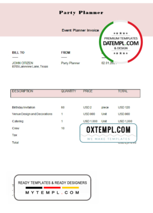 editable template, USA Party Planner invoice template in Word and PDF format, fully editable