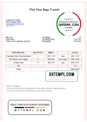 editable template, USA Pick Your Bags Travels invoice template in Word and PDF format, fully editable
