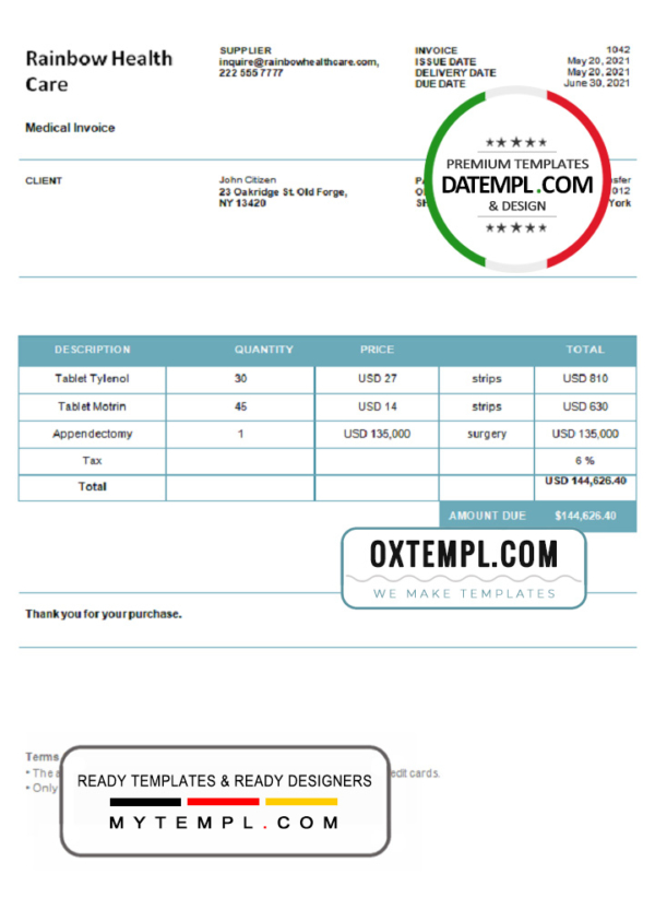 editable template, USA Rainbow Health Care invoice template in Word and PDF format, fully editable