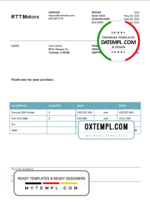 editable template, USA RTT Motors invoice template in Word and PDF format, fully editable