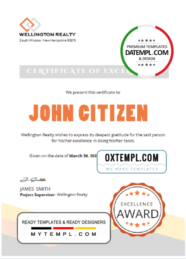 editable template, USA Excellence certificate template in Word and PDF format, version 2