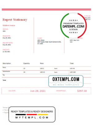 editable template, USA Rupert Stationary invoice template in Word and PDF format, fully editable