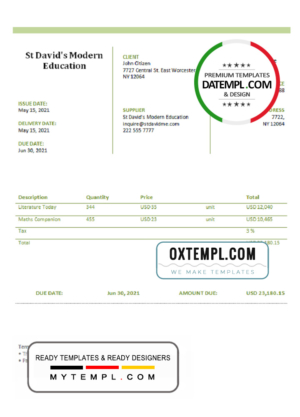 editable template, USA St David&#039;s Modern Education invoice template in Word and PDF format, fully editable