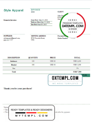 editable template, USA Style Apparel invoice template in Word and PDF format, fully editable