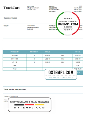 editable template, USA TrackCart invoice template in Word and PDF format, fully editable