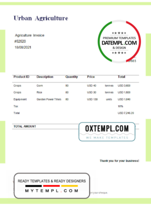 editable template, USA Urban Agriculture invoice template in Word and PDF format, fully editable