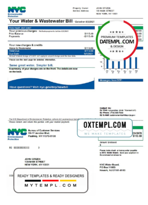 editable template, USA The New York City Department of Environmental Protection (DEP) utility bill template in Word and PDF format