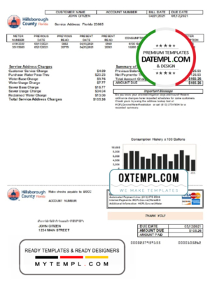 editable template, USA Hillsborough County utility bill template in Word and PDF format