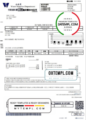 editable template, Hong Kong Water Supplies Department utility bill template in Word and PDF format