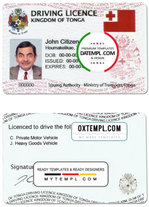 editable template, Tonga driving license template in PSD format, fully editable