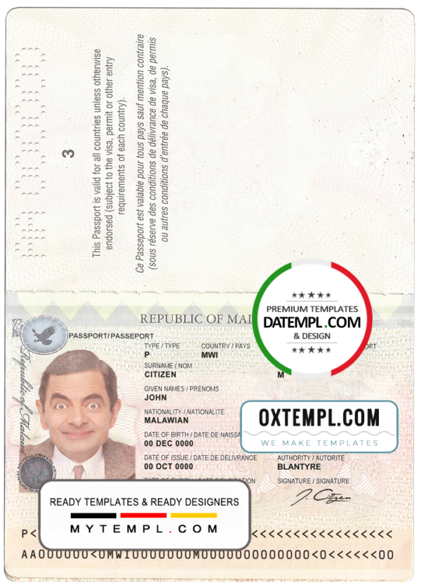editable template, Malawi passport template in Word and PDF format, fully editable