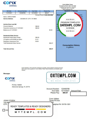 editable template, USA Corix Utilities bill template in Word and PDF format