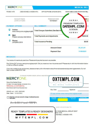 editable template, USA Iowa MercyOne medical bill template in Word and PDF format
