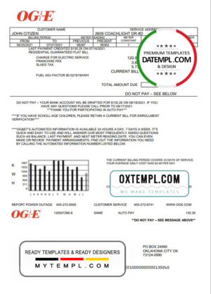 editable template, USA Oklahoma OGE Energy utility bill template in Word and PDF