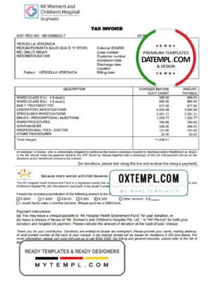 editable template, Singapore KK Women's and Children's Hospital tax invoice template in .doc and .pdf format