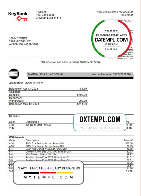 editable template, USA Ohio KeyBank bank statement template in Excel and PDF format
