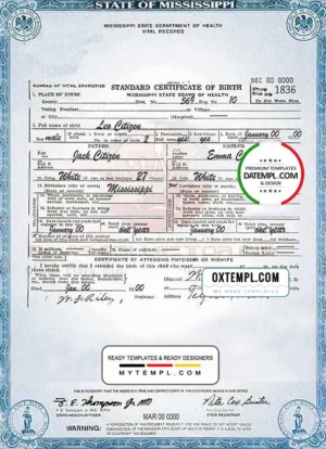 editable template, USA Mississippi state birth certificate template in PSD format, fully editable