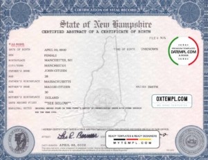 editable template, USA New Hampshire state birth certificate template in PSD format, fully editable