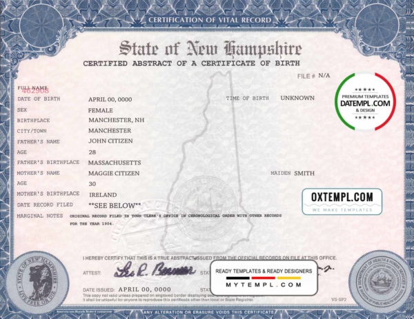 editable template, USA New Hampshire state birth certificate template in PSD format, fully editable