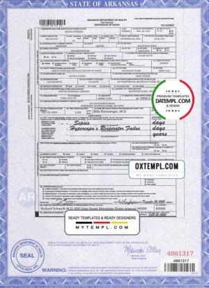editable template, USA state Arkansas death certificate template in PSD format, fully editable