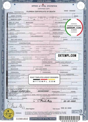 editable template, USA state Florida death certificate template in PSD format, fully editable