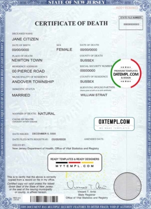 editable template, USA state New Jersey death certificate template in PSD format, fully editable