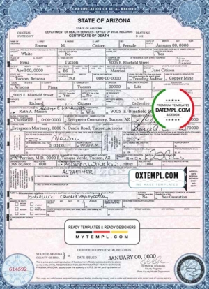 editable template, USA state Arizona death certificate template in PSD format, fully editable