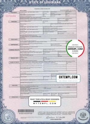 editable template, USA Louisiana state death certificate template in PSD format, fully editable