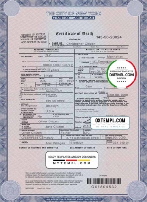 editable template, USA New York state death certificate template in PSD format, fully editable