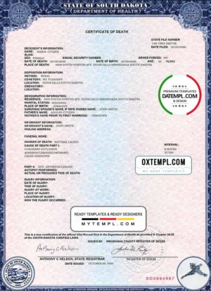 editable template, USA South Dakota state death certificate template in PSD format, fully editable