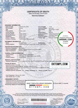 editable template, USA state Utah death certificate template in PSD format, fully editable