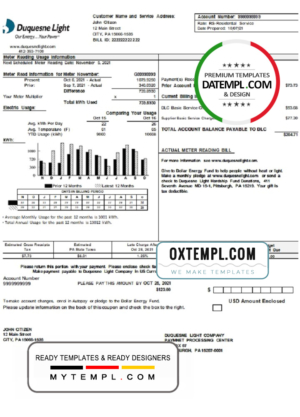 editable template, USA Pennsylvania Duquesne Light Company utility bill template in Word and PDF format