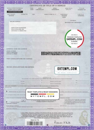 editable template, USA state Illinois certificate of title of a vehicle template in PSD format, fully editable