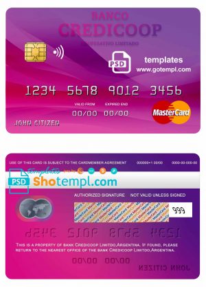 editable template, Argentina bank Credicoop bank mastercard credit card template in PSD format, fully editable