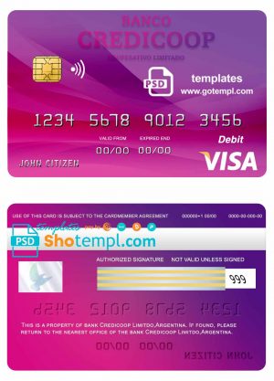 editable template, Argentina bank Credicoop bank visa credit card template in PSD format, fully editable