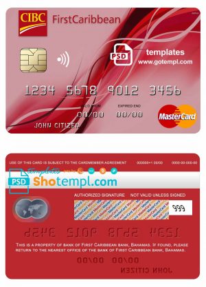 editable template, Bahamas First Caribbean bank mastercard credit card template in PSD format, fully editable