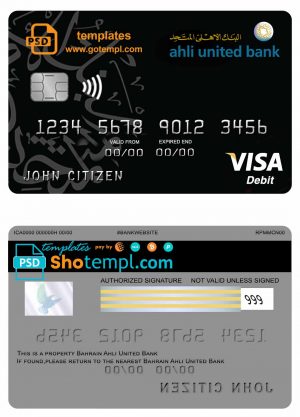 editable template, Bahrain Ahli United bank visa card template in PSD format, fully editable