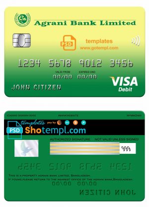 editable template, Bangladesh Agrani bank visa card template in PSD format, fully editable