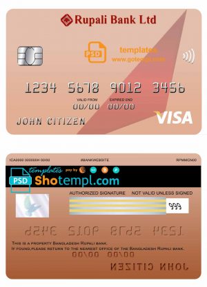 editable template, Bangladesh Rupali bank visa card template in PSD format, fully editable