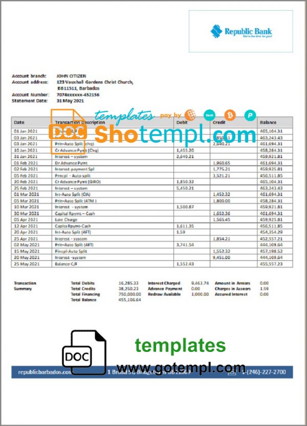 editable template, Barbados Republic Bank statement template in Word and PDF format