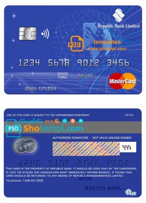 editable template, Barbados Republic Bank mastercard template in PSD format, fully editable