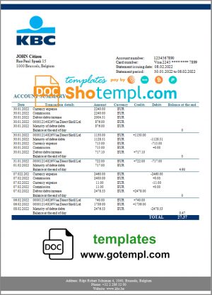editable template, Belgium KBC bank statement template in Word and PDF format