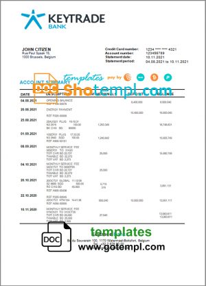 editable template, Belgium Keytrade bank statement template in Word and PDF format