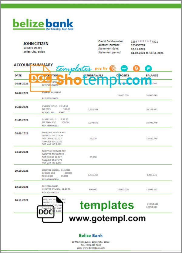 editable template, Belize bank statement template in Word and PDF format, fully editable