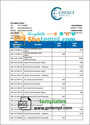 editable template, Belize Choice Bank statement template in Word and PDF format