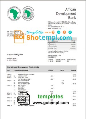 editable template, Benin African Development bank statement template in Word and PDF format