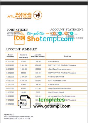 editable template, Benin Banque Atlantique bank statement template in Word and PDF format